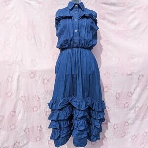 Vintage Denim Button Front Western Dress M/L Maxi Ruffle Pockets Prairie Cotton